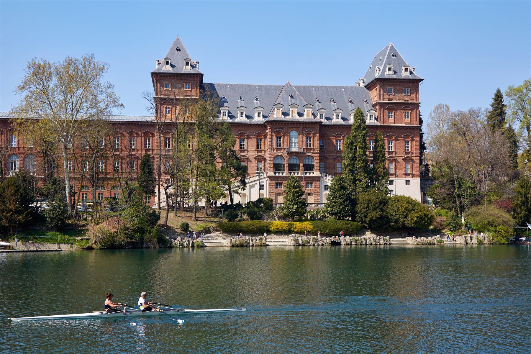 Red-brick Valentino Castle on the banks of the Po in Turin