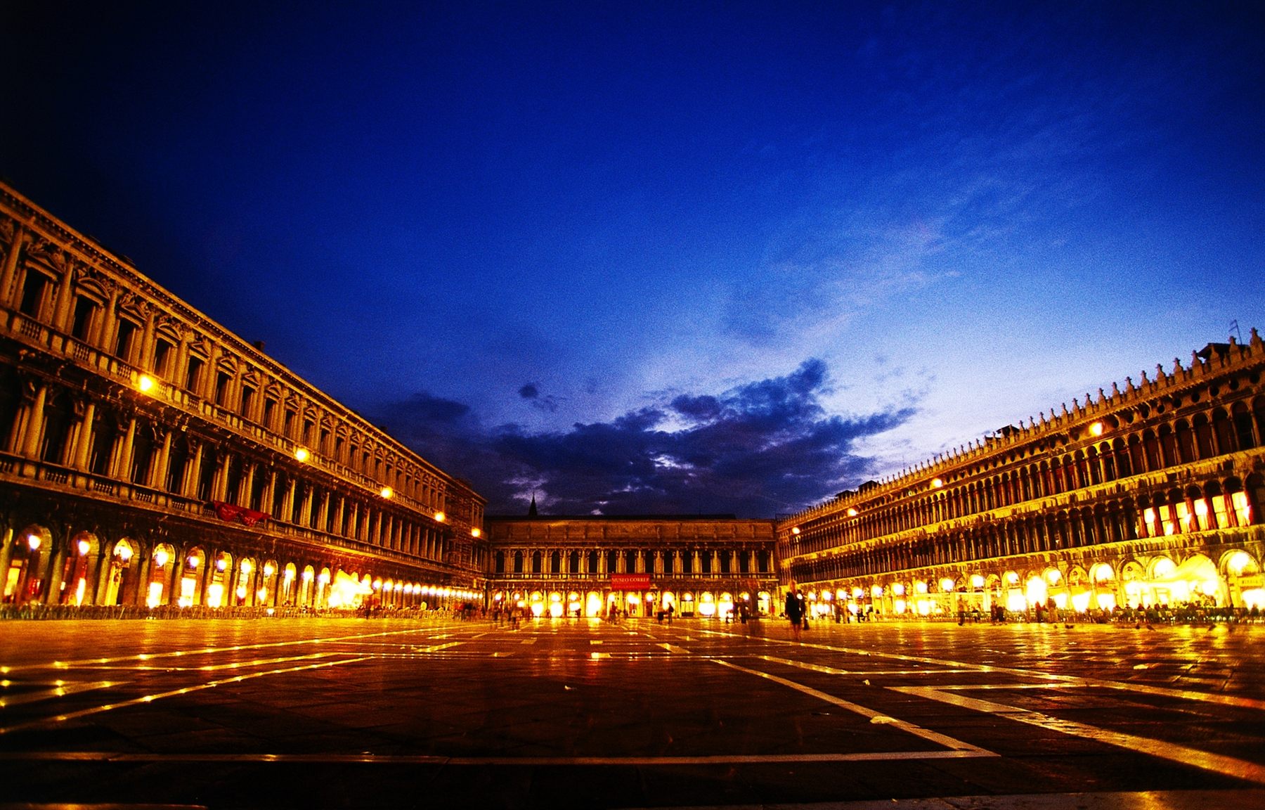 St Mark’s Square in Venice lit up at night